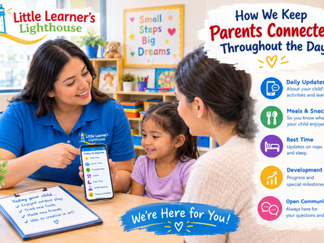 Little Learners Lighthouse teacher keeping a parent informed about a child's daycare activities and daily routine