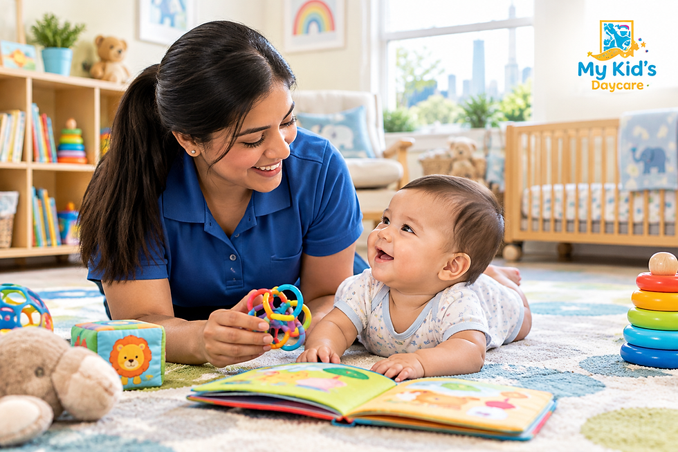 Infant care in Houston with caregiver supporting a baby during an early learning activity