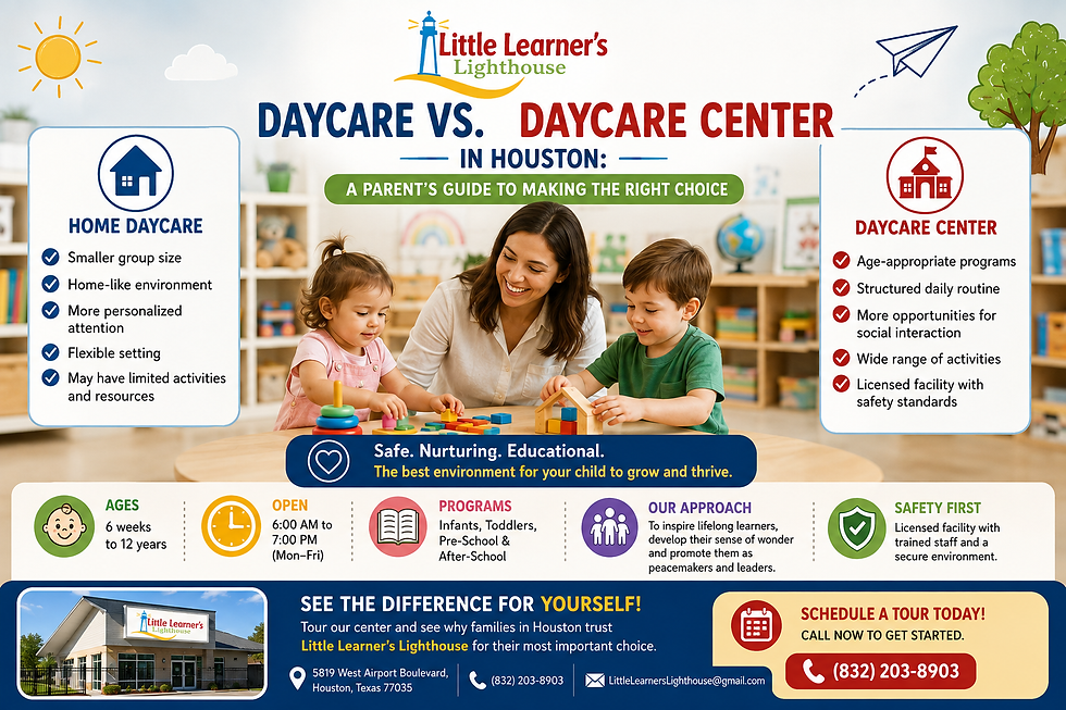 Little Learner's Lighthouse daycare center in Houston comparing home daycare and daycare center options for parents
