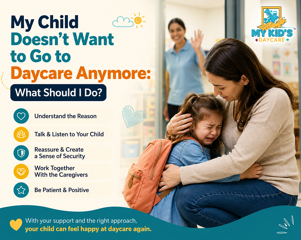 Parent comforting a crying child who does not want to go to daycare, with My Kid’s Daycare logo