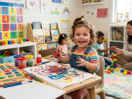 Happy toddler enjoying a creative painting activity at My Kids Daycare in a colorful daycare Houston classroom while teachers supervise children during hands-on learning and play
