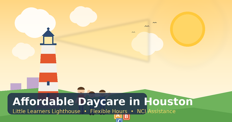 Illustrated lighthouse and children playing on a sunny hillside, promoting affordable, flexible-hours daycare in Houston at Little Learners Lighthouse