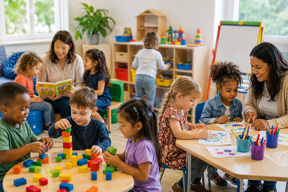 Teachers and preschool children engaged in hands-on learning activities, including building blocks, reading, and art, at Little Learners Lighthouse, a trusted NCI daycare in Houston