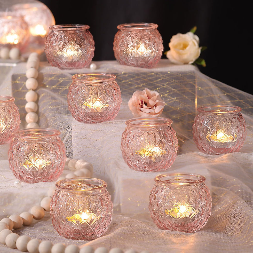 Blush Diamond 12-piece pink glass votive candle holder set with warm candlelight