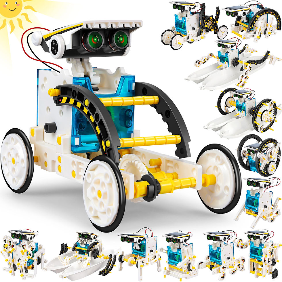 SolarBot 13-in-1 STEM robotics kit showing the main solar robot and multiple alternative robot builds