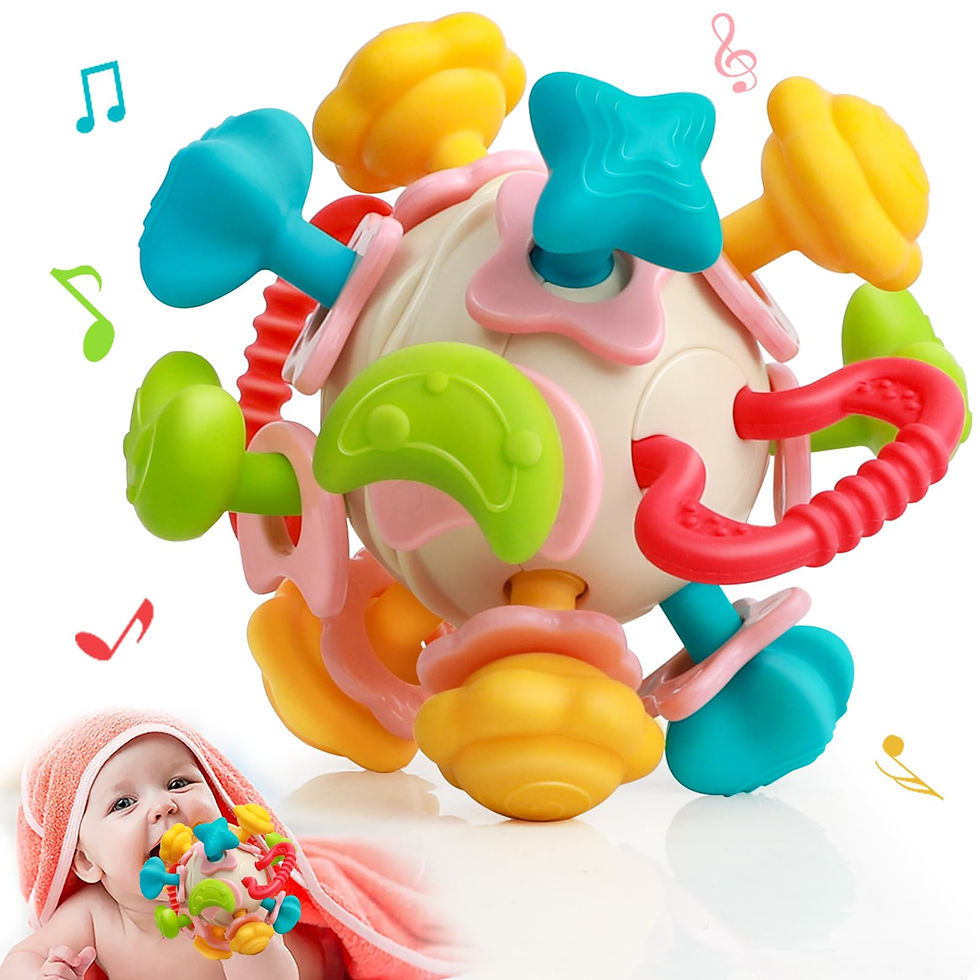 SensorySoothe baby teether toy with colorful textured shapes for sensory play