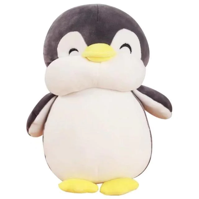 CozyPals chubby penguin plush toy with soft gray fabric and yellow feet