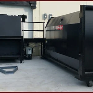Large industrial dumpster and metal shelves