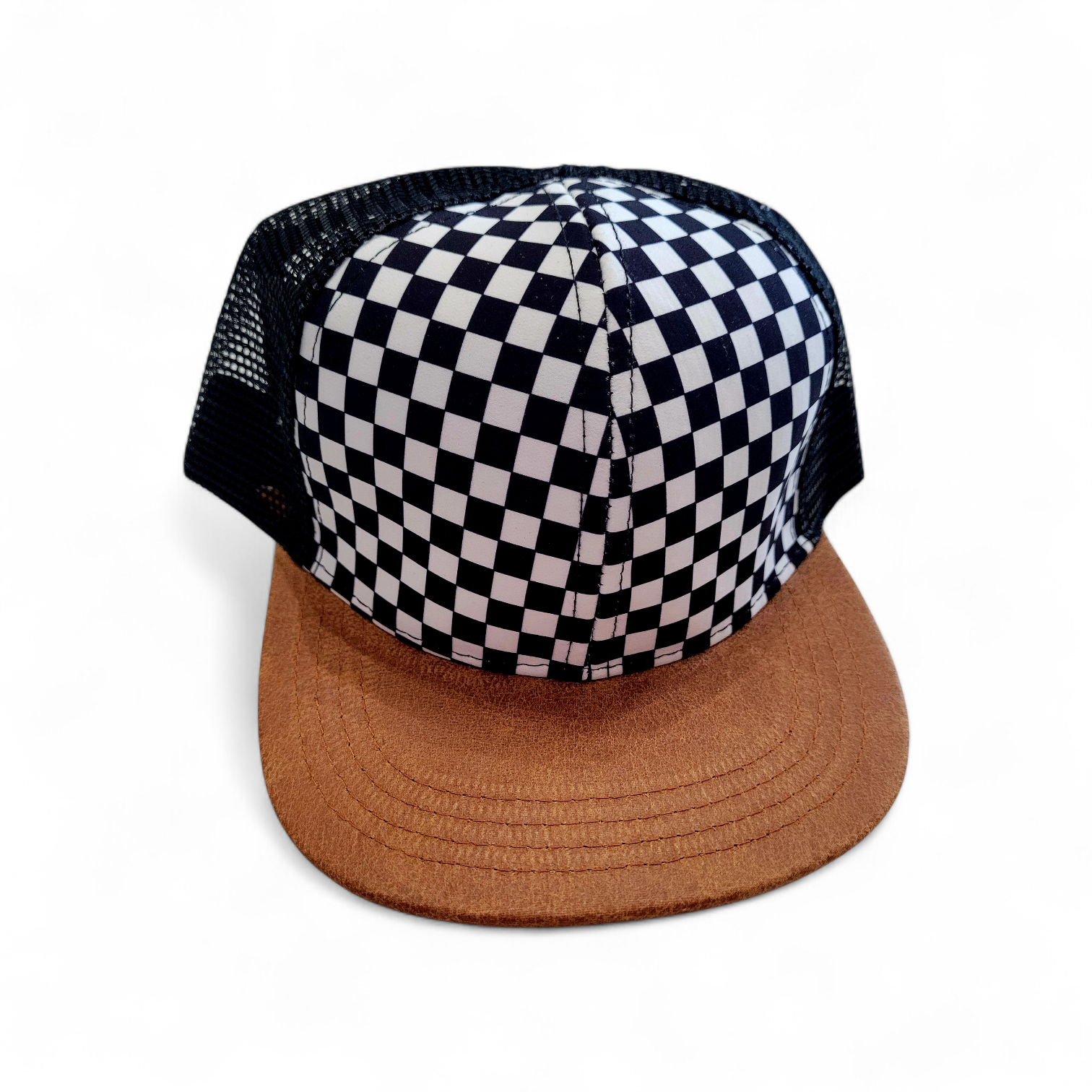 Checker/Faux Leather Trucker Hat
