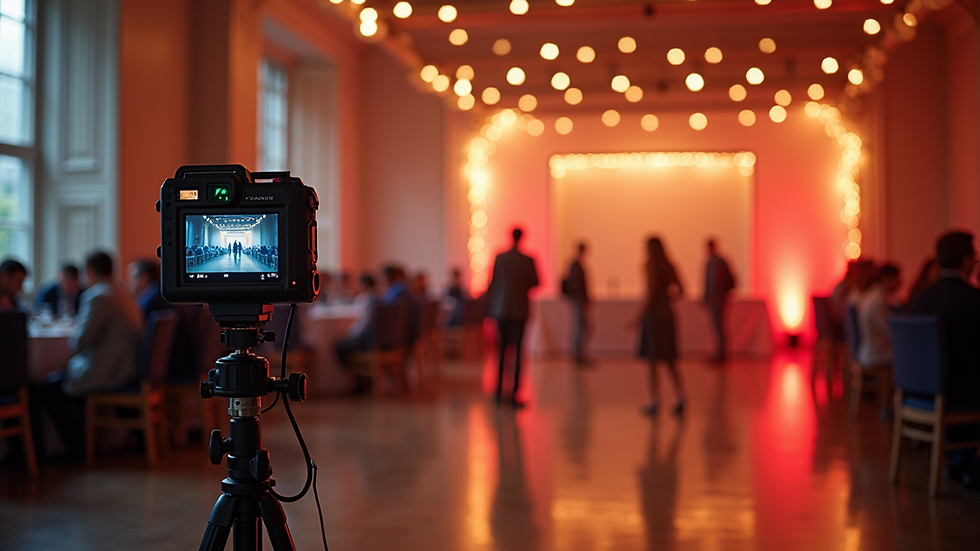 Eye-level view of a photo booth setup in a spacious event hall