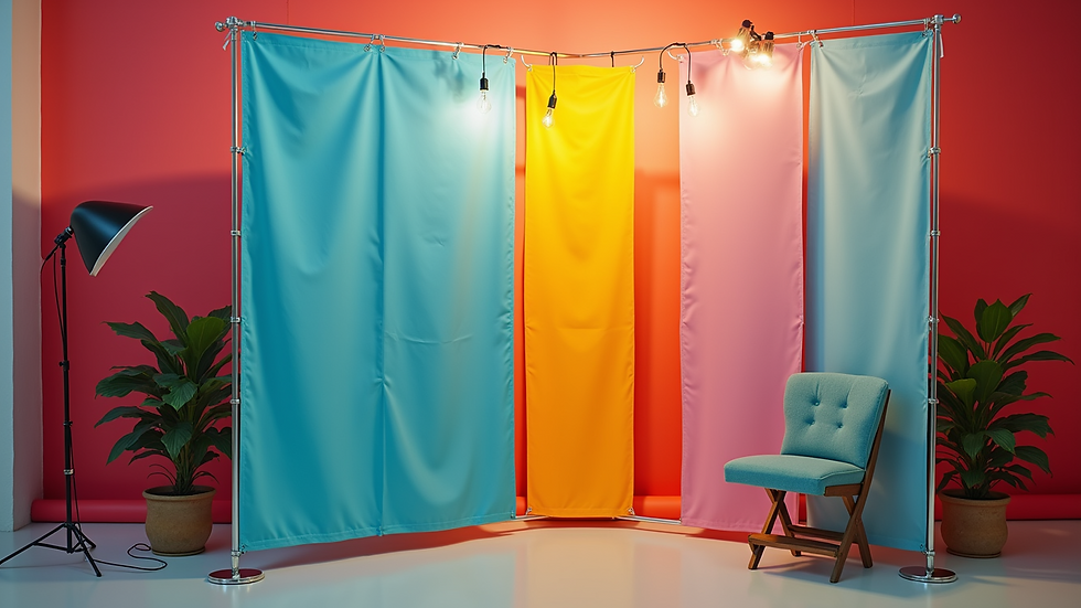 Eye-level view of a photo booth setup with colorful props