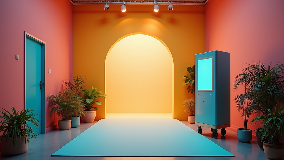 High angle view of a photo booth setup with colorful props and backdrop