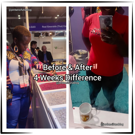 Before and after photo of a client in Kenya who followed a weight loss meal plan and calorie deficit plan by Jordan Sifuna, learned how to stay motivated, cured diabetes, adopted a balanced diet, stopped eating sugar, and lost weight in a month. Their testimonial highlights sustainable weight loss, fast results, and progress with personalized nutrition.