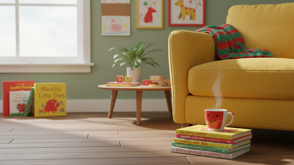 Eye-level view of a cozy reading nook with parenting books and a cup of tea