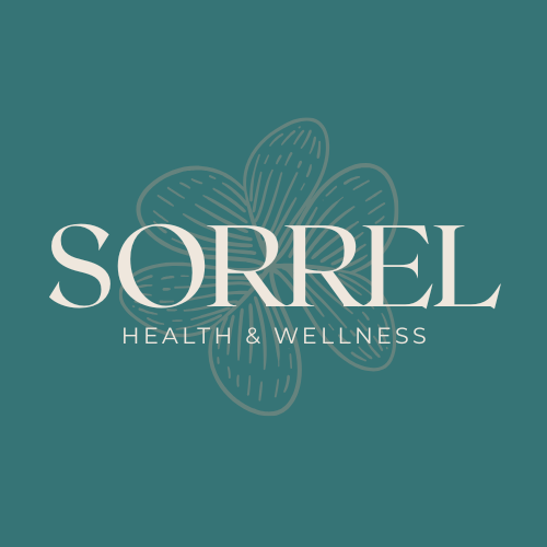 Sorrel Health & Wellness logo on teal background with subtle floral design, conveying a calm and professional mood.
