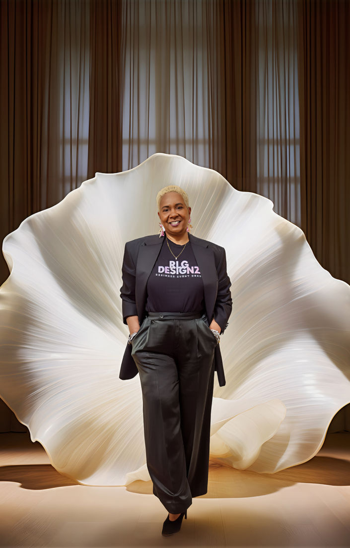 Woman standing confidently in front of a large sculptural backdrop wearing a blazer and graphic t-shirt.