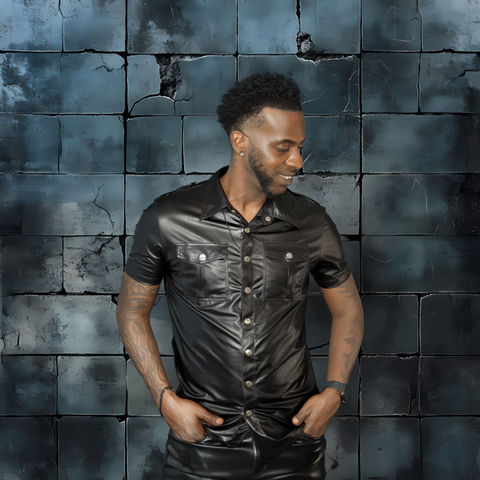 Man wearing a black shirt standing with hands in pockets against a textured stone wall backdrop.