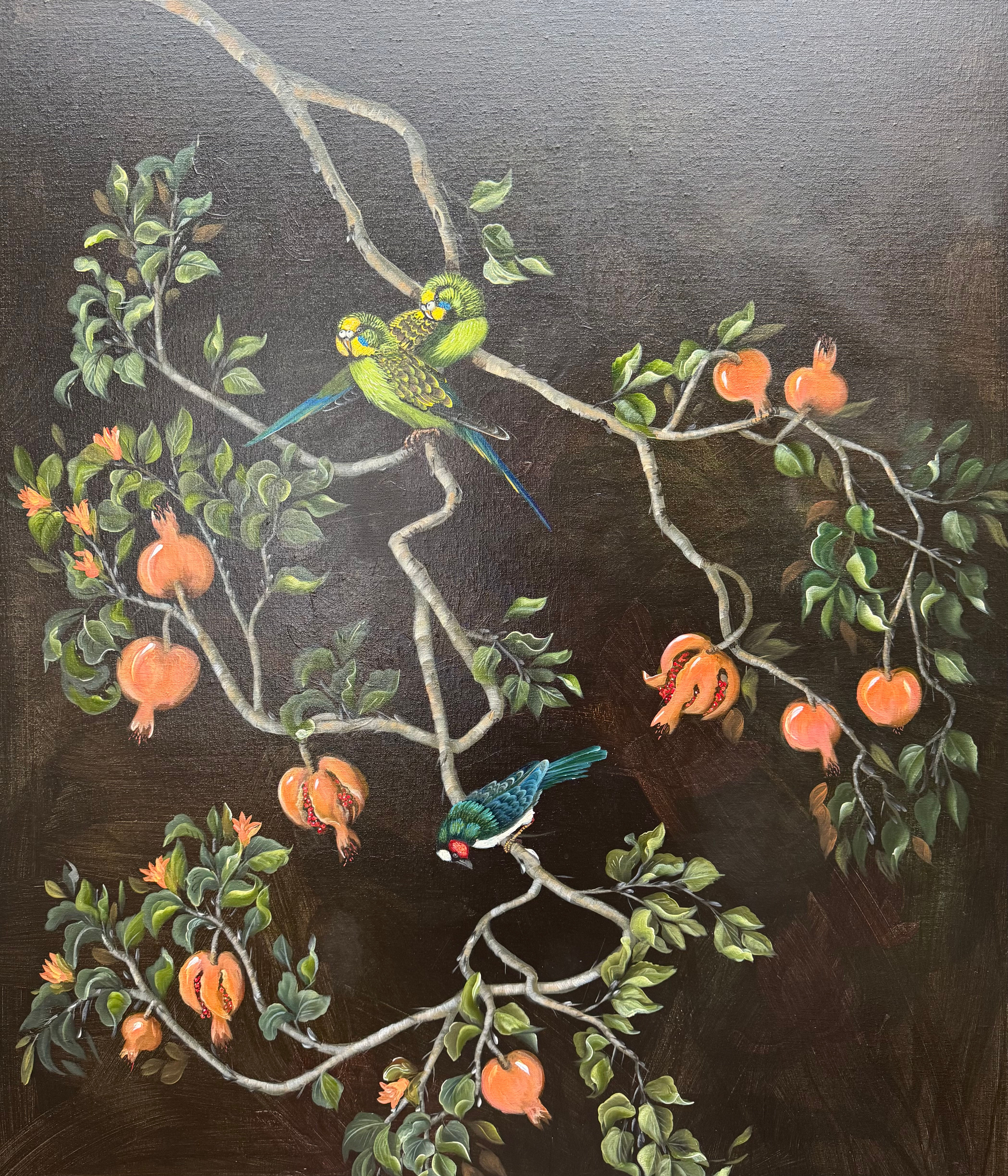 Black with pomegranates and parrots