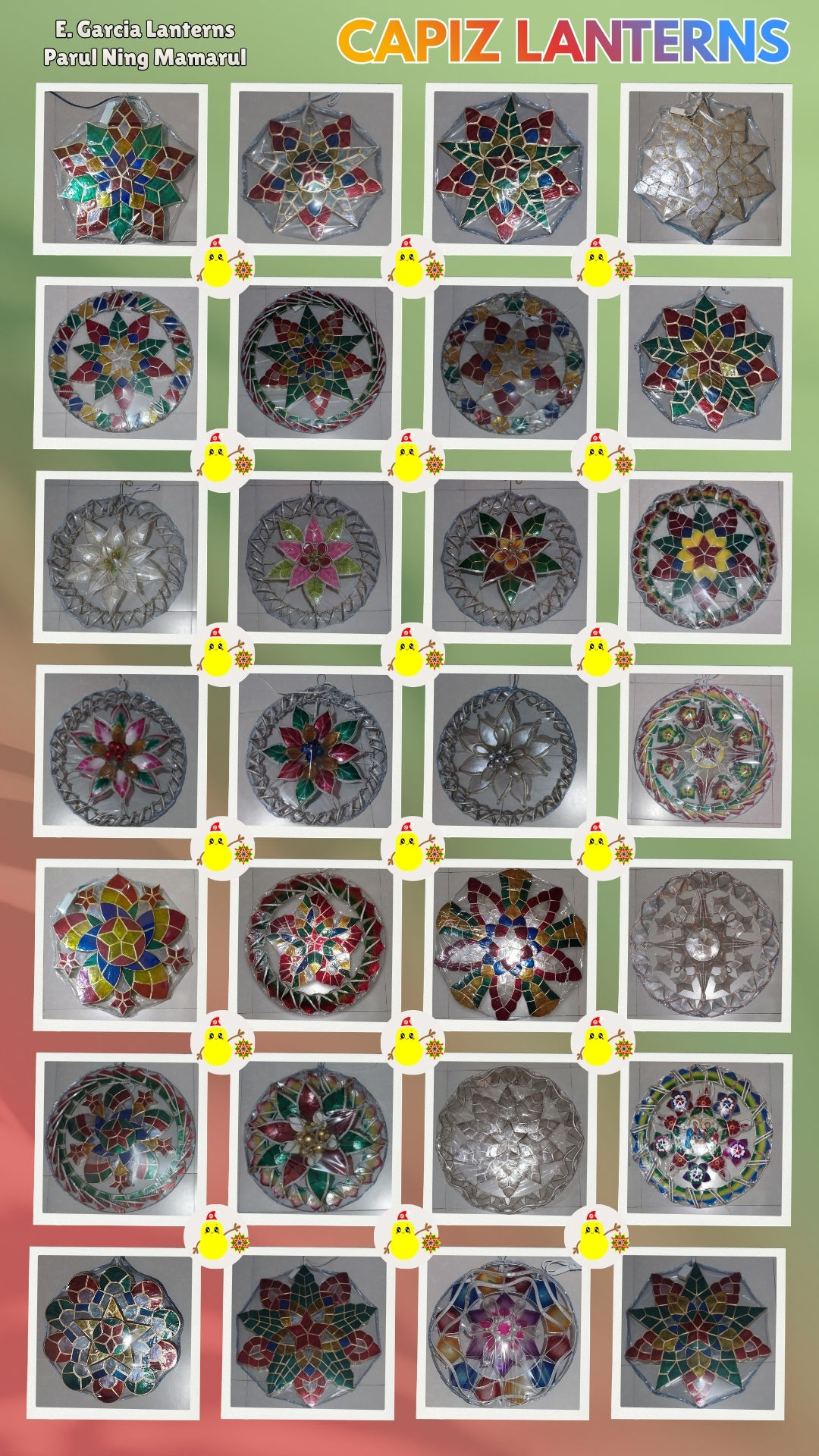 Starlite Capiz Lanterns; Bougainvillea Capiz Lanterns; Sampaguita Capiz Lanterns; Paskuhan Capiz Lanterns; Tala Capiz Lanterns; Native Capiz Lanterns; Poinsettia Capiz Lanterns, Parol San Fernand, Christmas decor, Capiz Lanterns in Pampanga; Parul Ning Mamarul; E. Garcia Lanterns