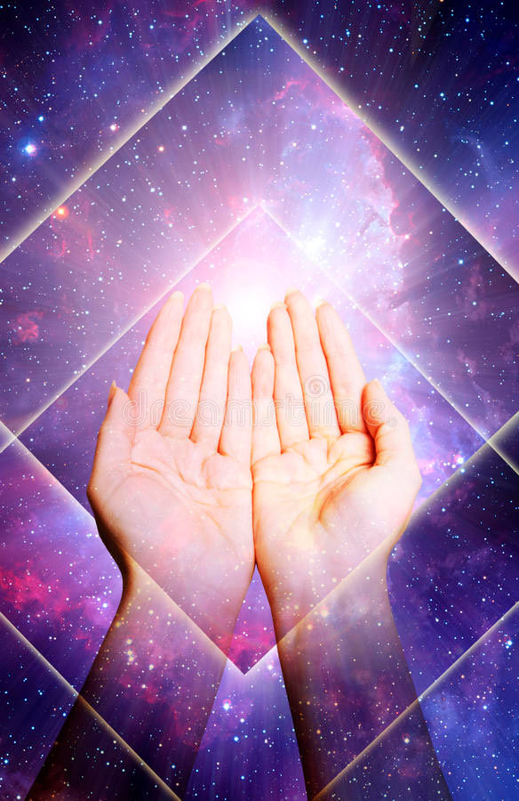 hands in a reiki healing position with a purple cosmic backdrop