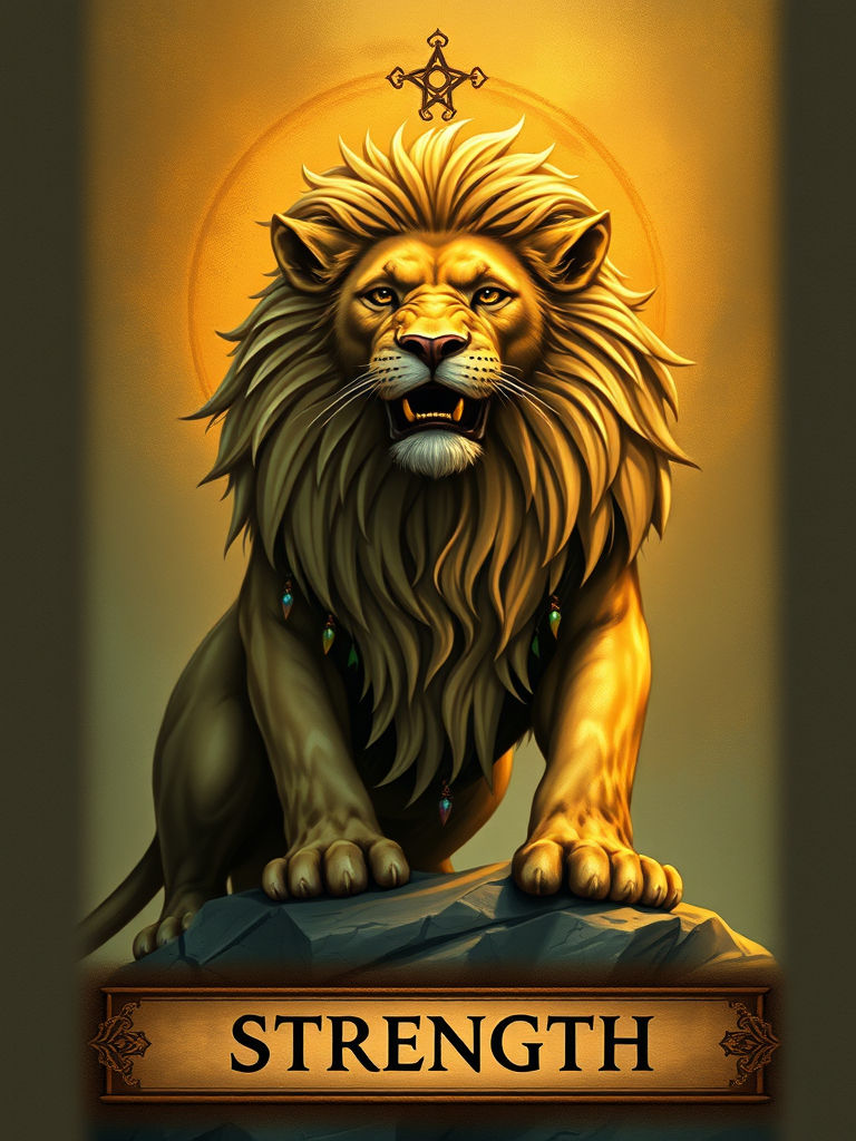 The Strength Tarot Card depicting a regal and majestic looking lion perched in front of the sun with a calm gaze