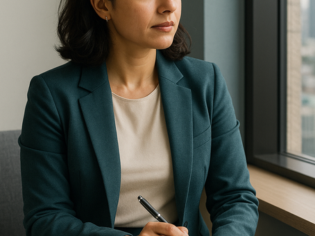 Professional woman thoughtfully reflecting in modern workspace, life coach guiding her journey toward growth and fulfillment