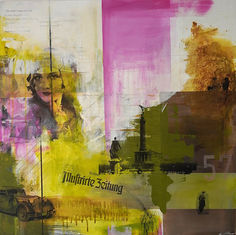 Berlin 20er Gemälde im mixed media Stil, Acrylfarbe und Collage auf Leinwand