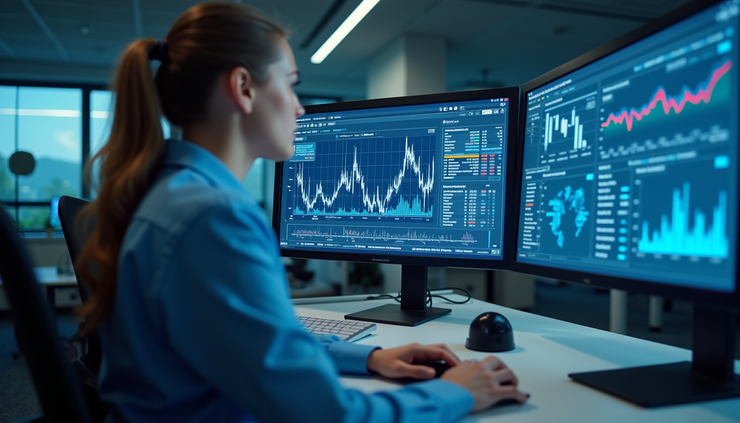 Eye-level view of a modern insurance office with AI-powered computer screens displaying data analytics