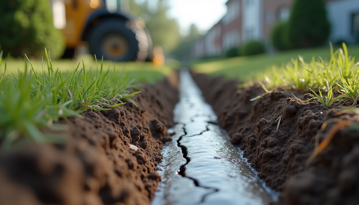Close-up view of a cracked underground water pipe being repaired