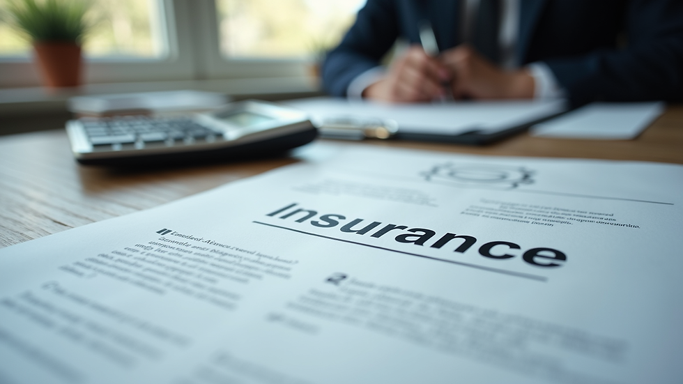 Eye-level view of office desk with insurance documents and calculator