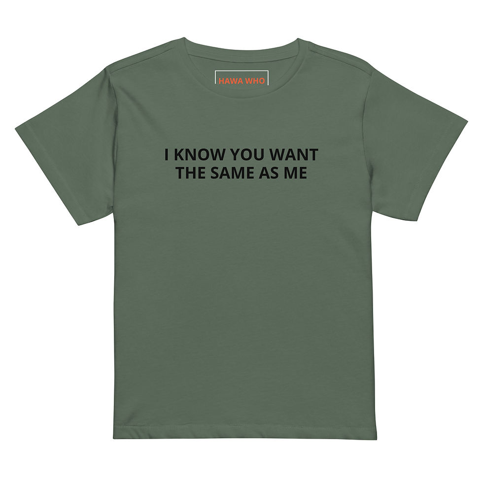 Green T-shirt with black text