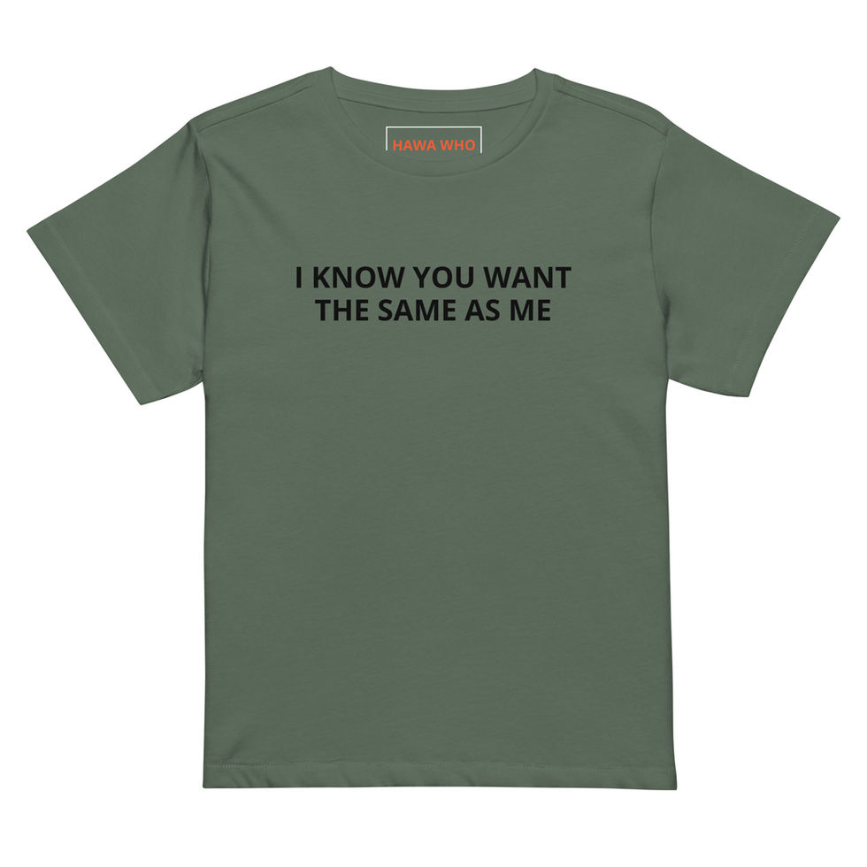 Green T-shirt with black text