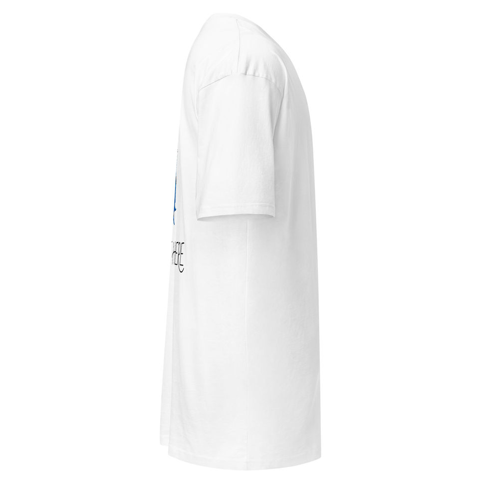 Side angle of a plain white short-sleeve t-shirt