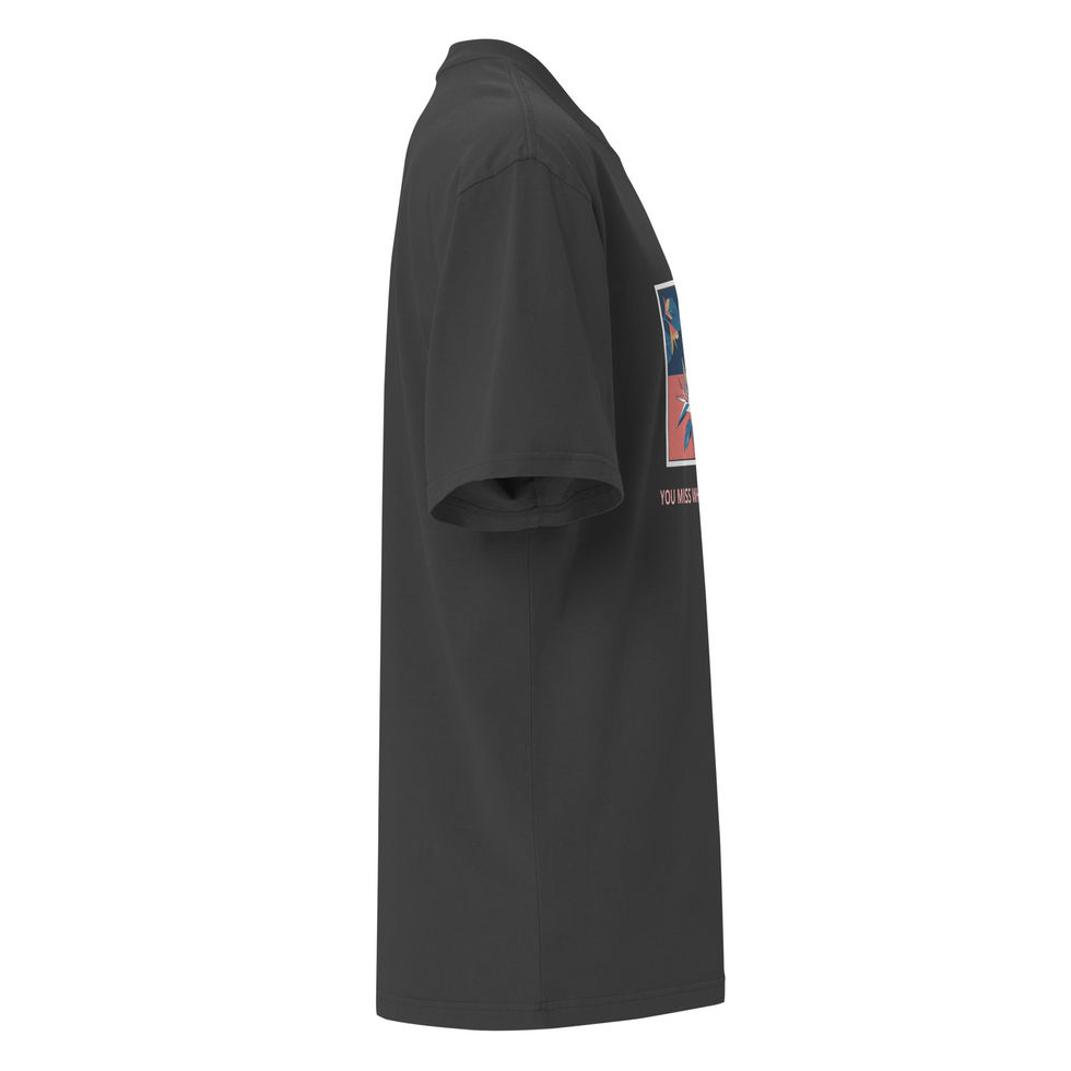 Left side view of black graphic t-shirt