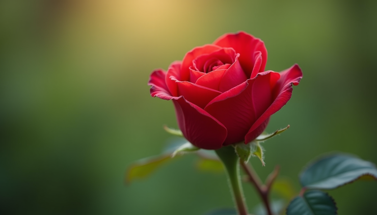 Close-up view of a single blooming red rose with blurred green background