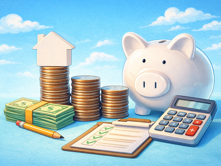 piggy bank, money, calculator and  checklist for  ensuring a  self build project  stays on budget