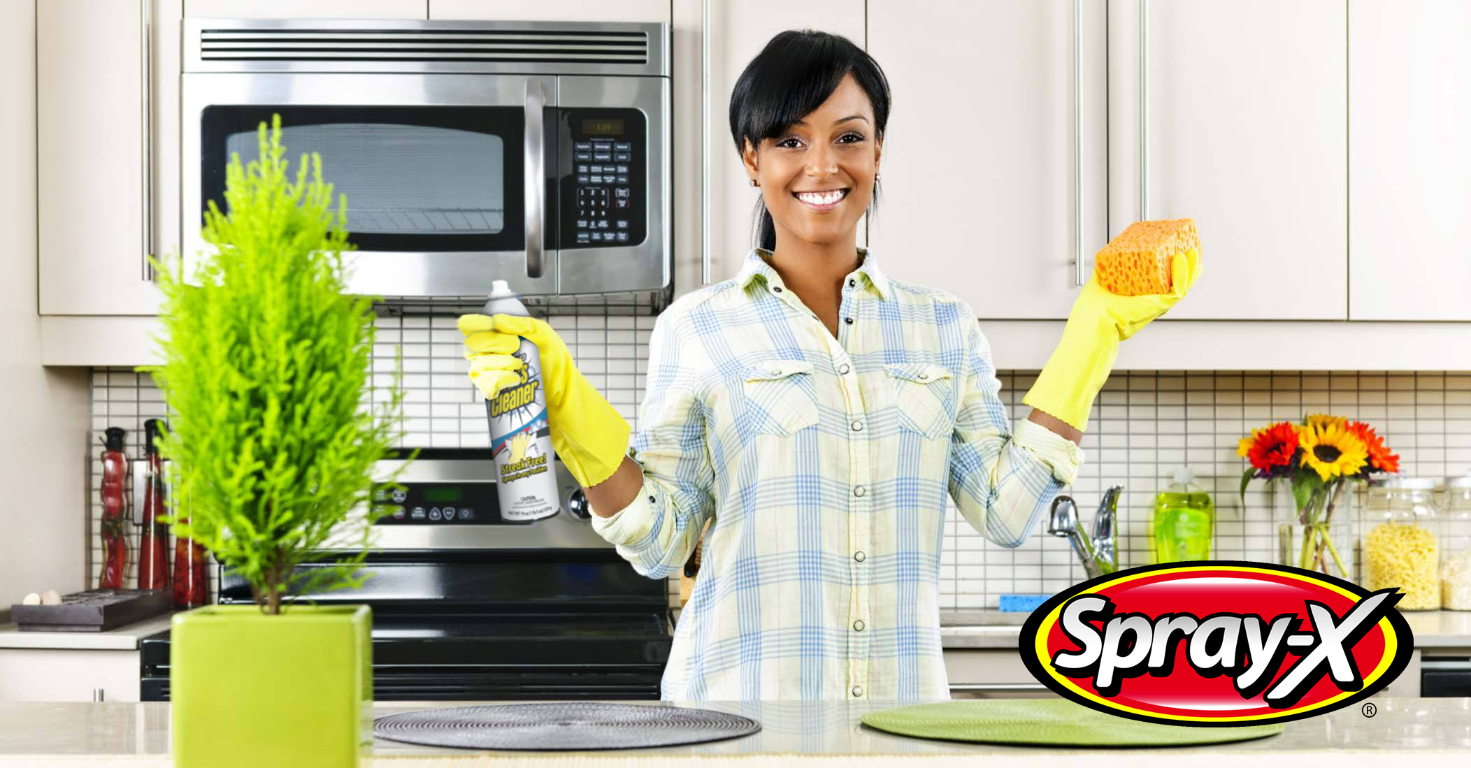 Woman In Kitchen Holding Spray-X with Lo