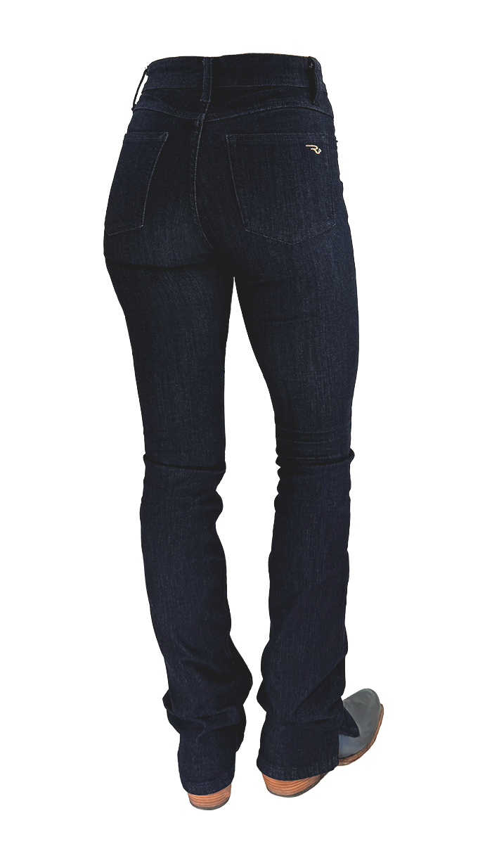 super soft stretch jeans for rider, high-rise, dark denim, bootcut