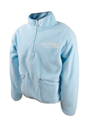 light blue fleece zip up with fashionable rounded pockets