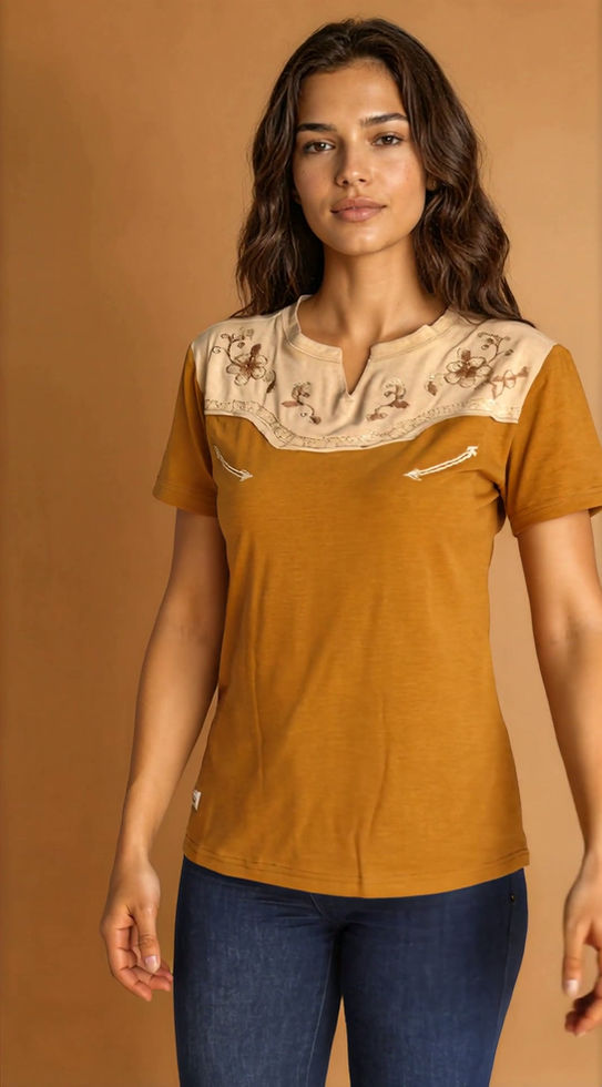 caramel western fashion tee with flower embroidery