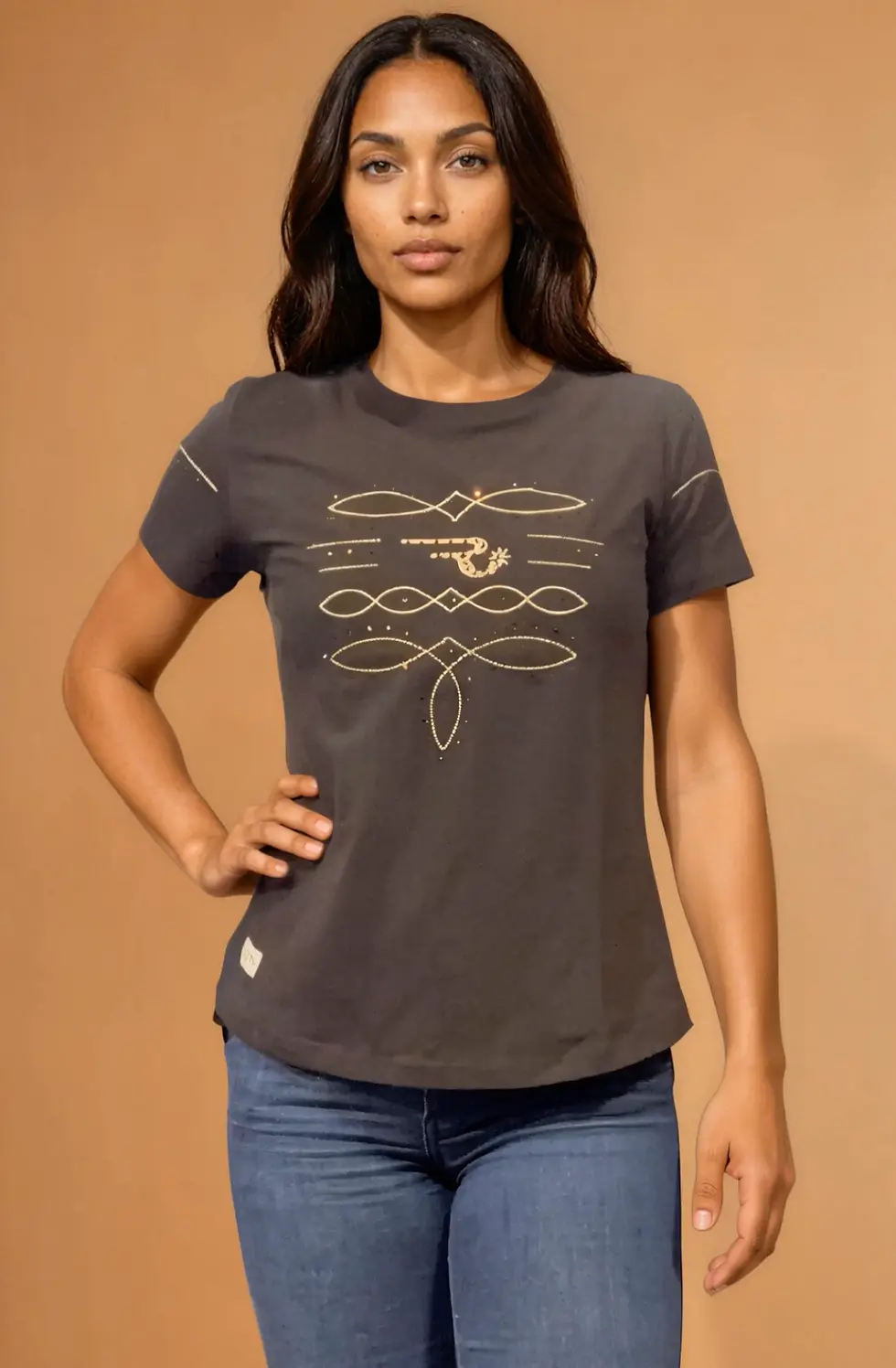 western fashion tee with rhinestones and bootstitch