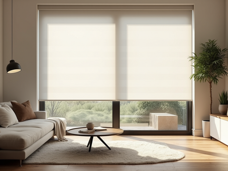 Motorized window shades in a modern living room
