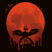 Bloodmoon with angelic, winged creature in front of the red moon in black