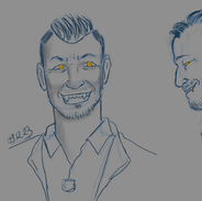 2 sketches of Ilmari Huotari. Left one is him facing the camera, grinning with an open mouth, the sketch on the right is a side profile sketch where Ilmari side eyes the camera.