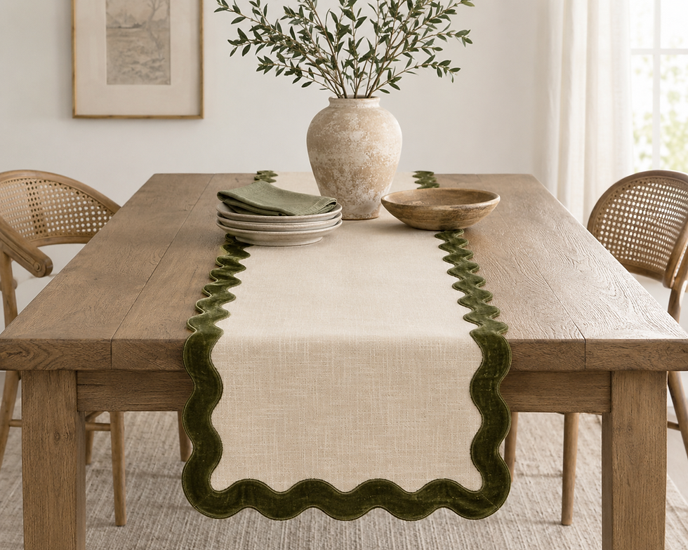 Thumbnail: Moss green scalloped velvet table runner on a dining table