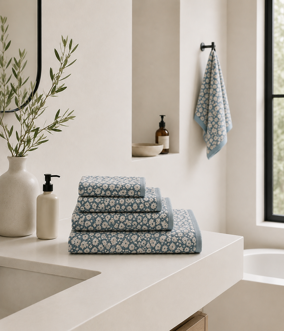 Stacked Cod and Oat pattern face cloths in a bathroom.
