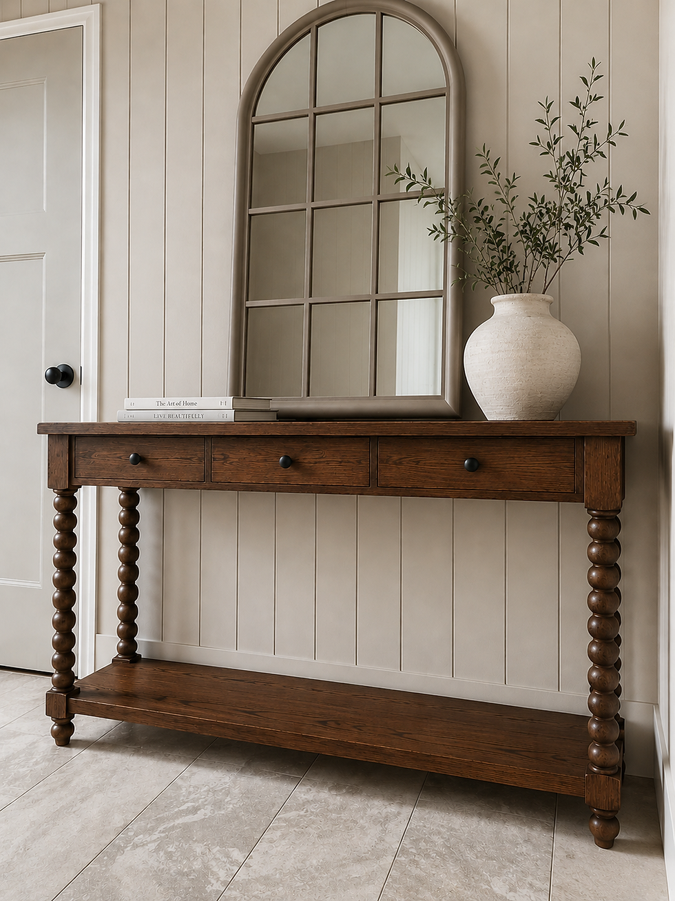 Miniature : Reina wooden console table with mirror and vase in a hallway.