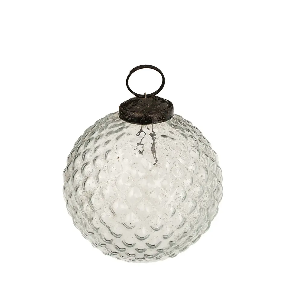 Clear textured Christmas ornament with metal cap, isolated on white background