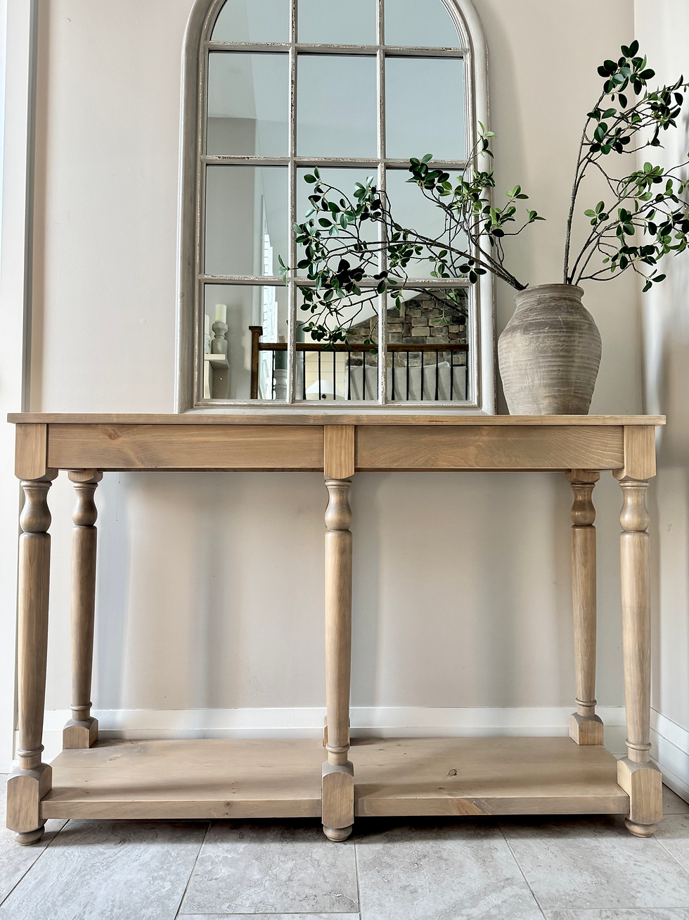 Thumbnail: Light wood console table with vase and mirror