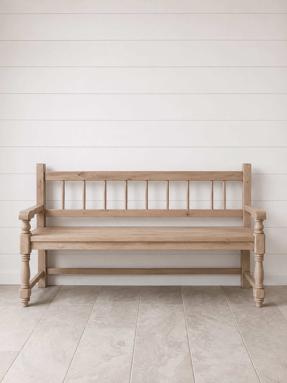 The Lexie hallway bench in a light wood finish.